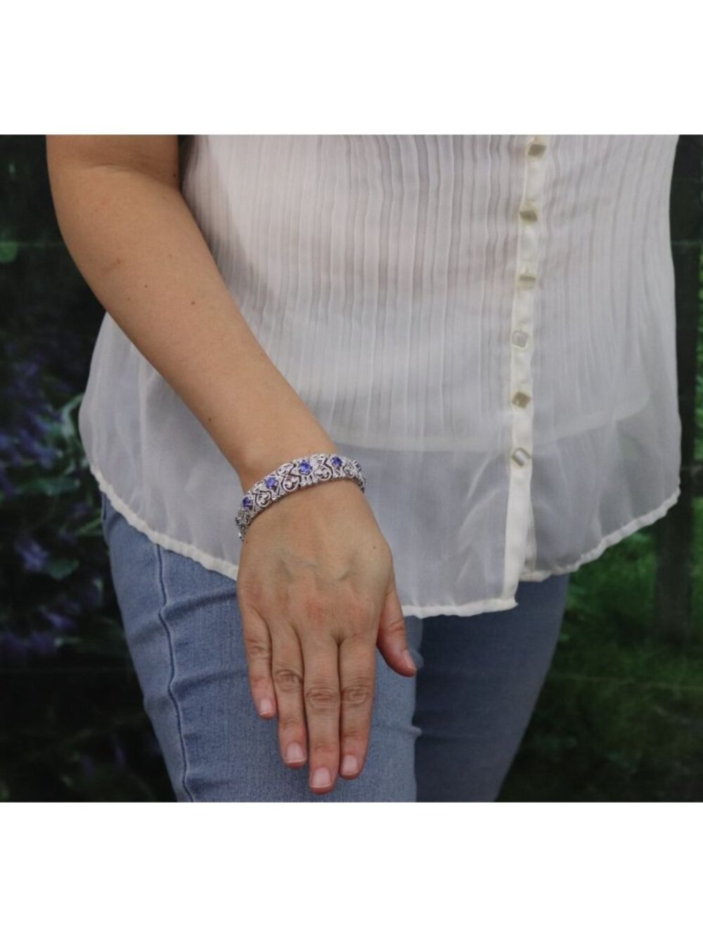 Sterling Silver Ornate Scrollwork Sparkly Tanzanite & CZ Bracelet 7 1/4" inch - Picture 2 of 8